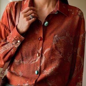Florisole Rust Patterned Blouse W Colored Stone Like Buttons